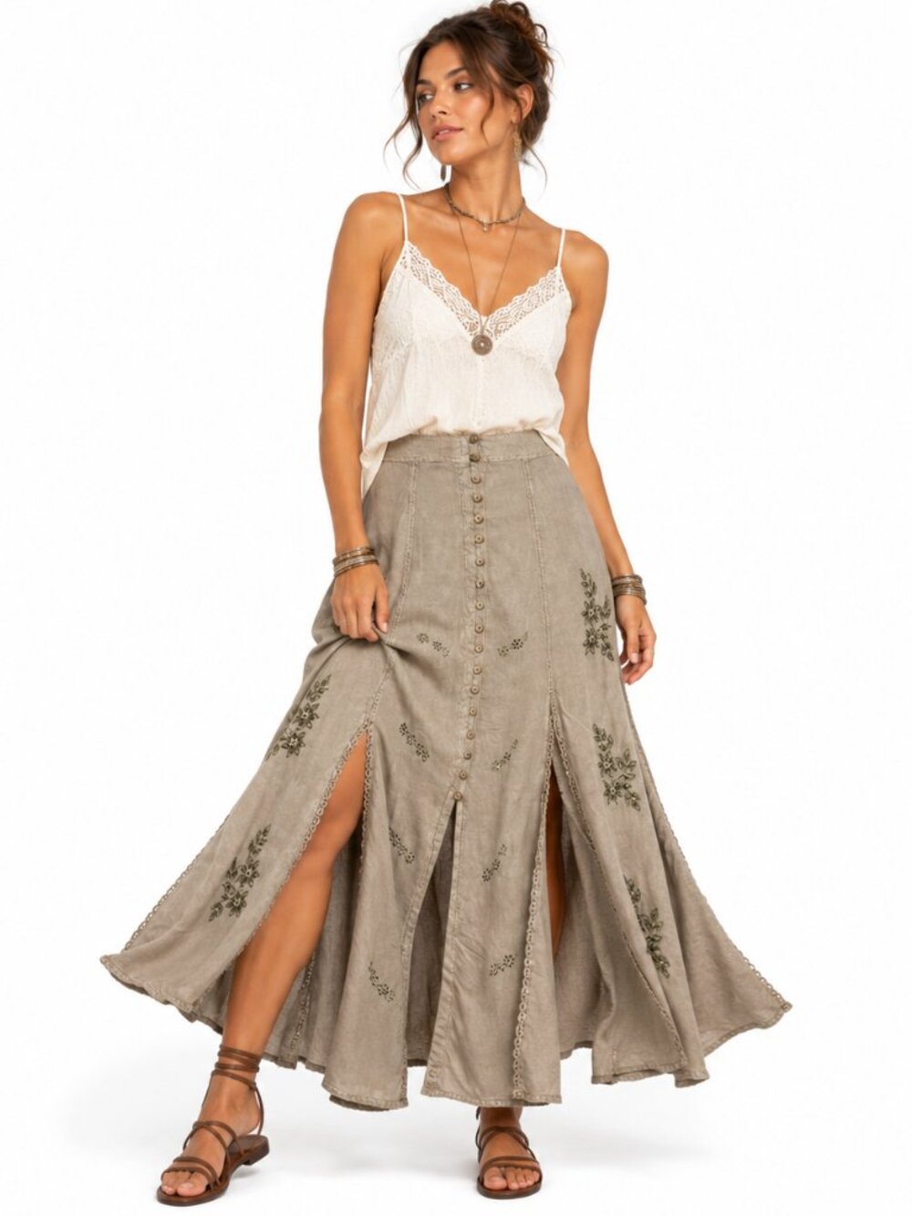 Vintage Sportique Maxi Skirt Beige Rayon Embroidered Y2K Boho NWT Women's M - Picture 9 of 9